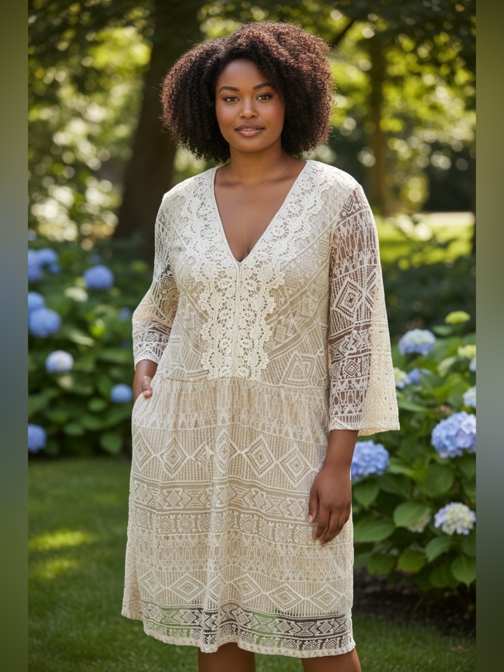 Luxology NWT Plus 18W Taupe Ivory Embroidered Lace Boho Midi Dress